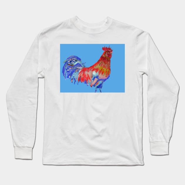 Rooster Watercolor Painting Blue Long Sleeve T-Shirt by SarahRajkotwala